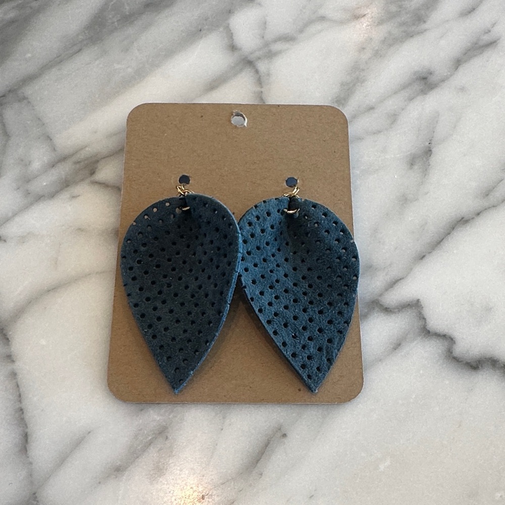 Dark blue perforated leather earrings